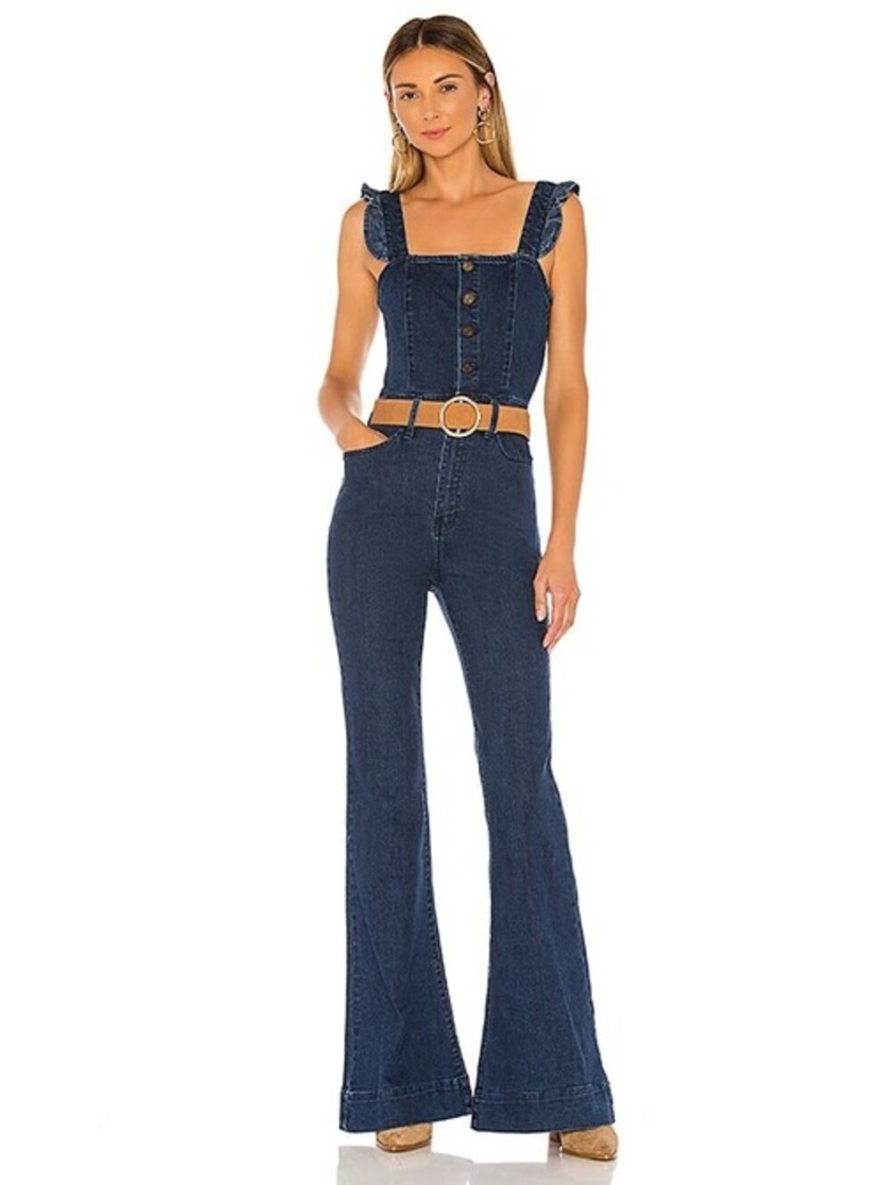 Show Me Your Mumu Rhea Ruffle Denim Jumpsuit Blue Note Size XS